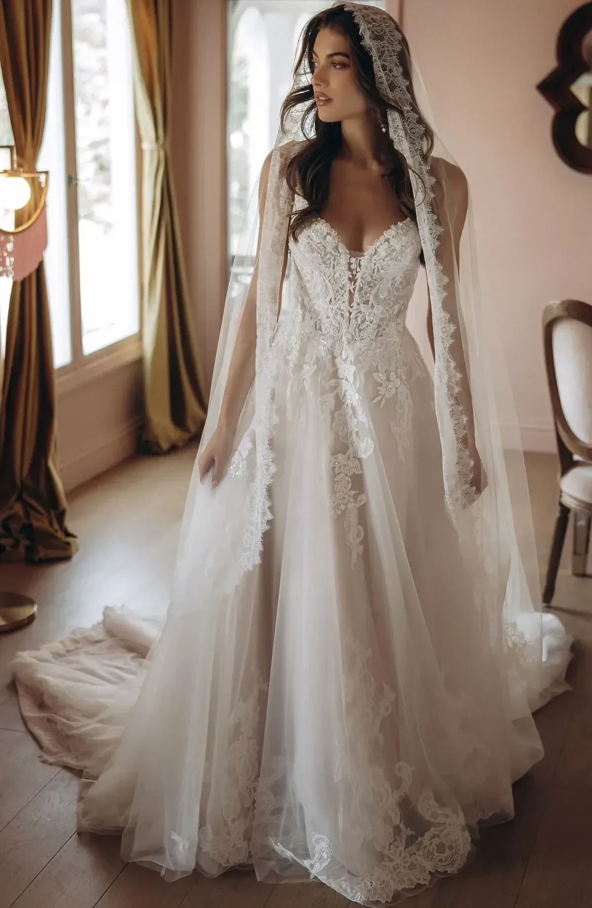 Model wearing a white gown by Stella York