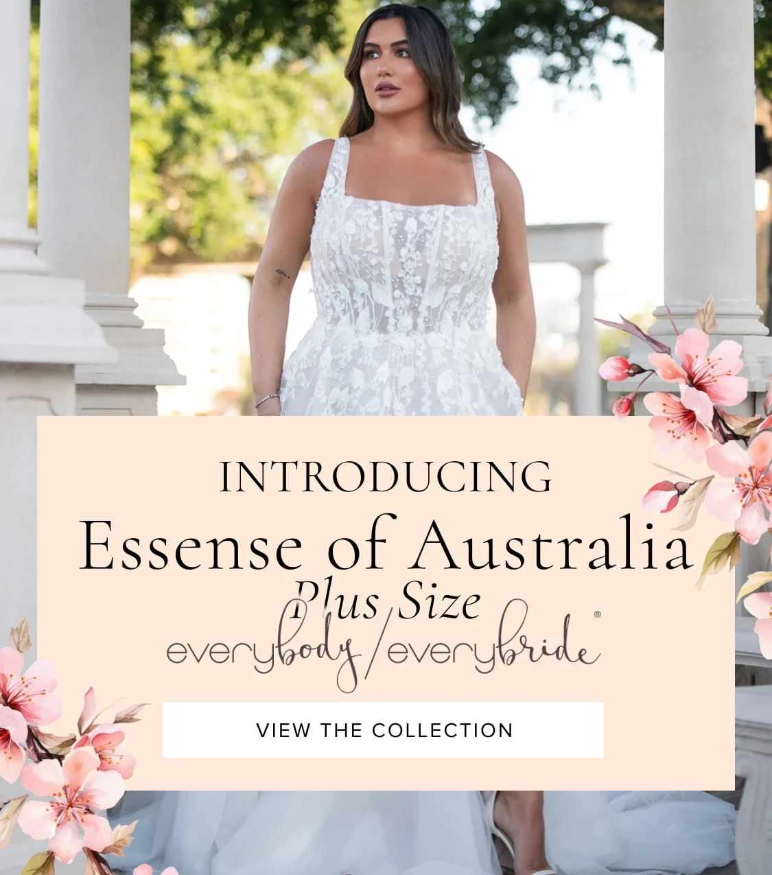 Model wearing Essense of Australia Plus Size bridal dress, mobile banner