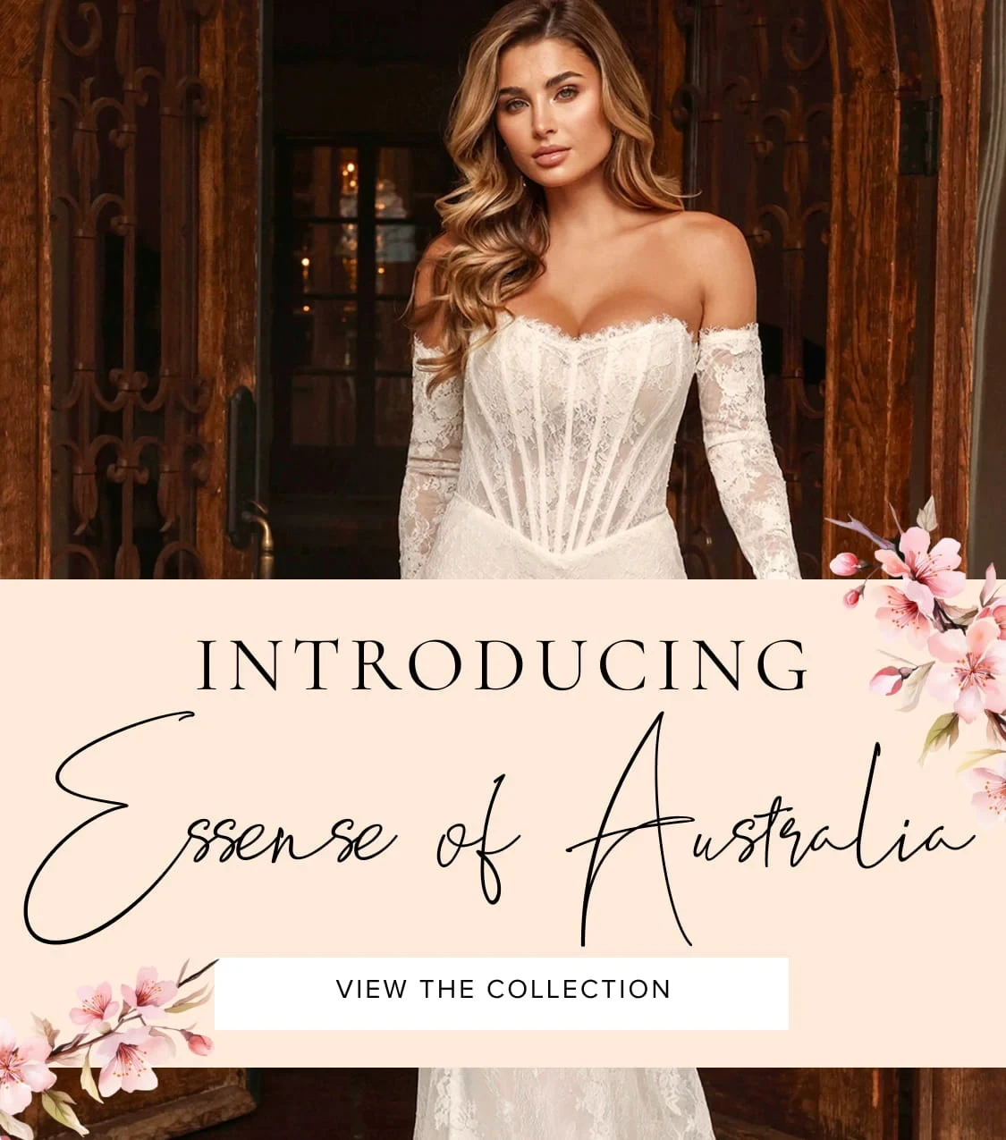 Model wearing Essense of Australia bridal gown, mobile banner