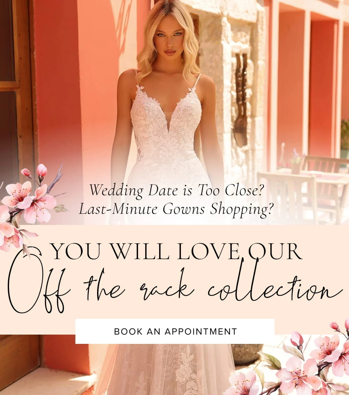 Models wearing bridal dress, off the rack collection mobile banner