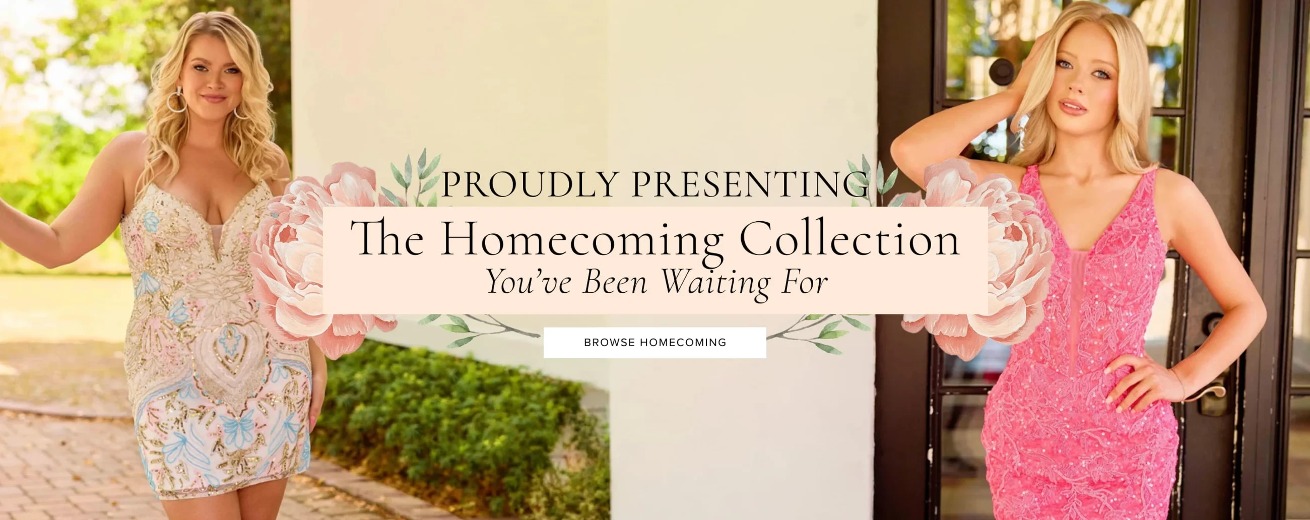 Models wearing homecoming dresses, the homecoming collection desktop banner
