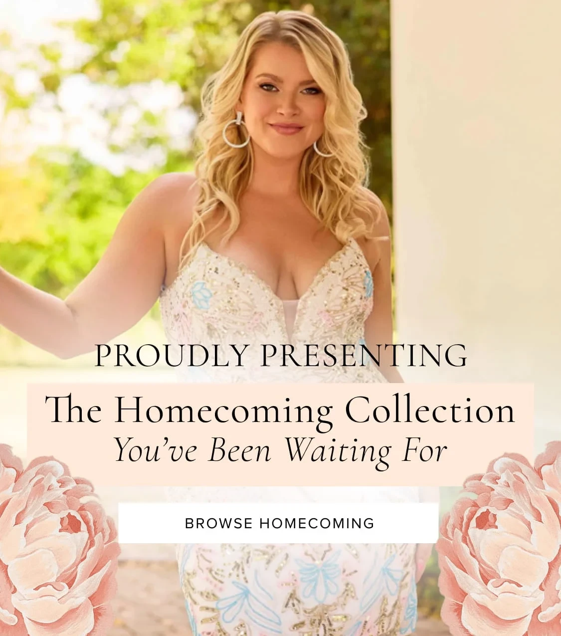 Models wearing homecoming dresses, the homecoming collection mobile banner