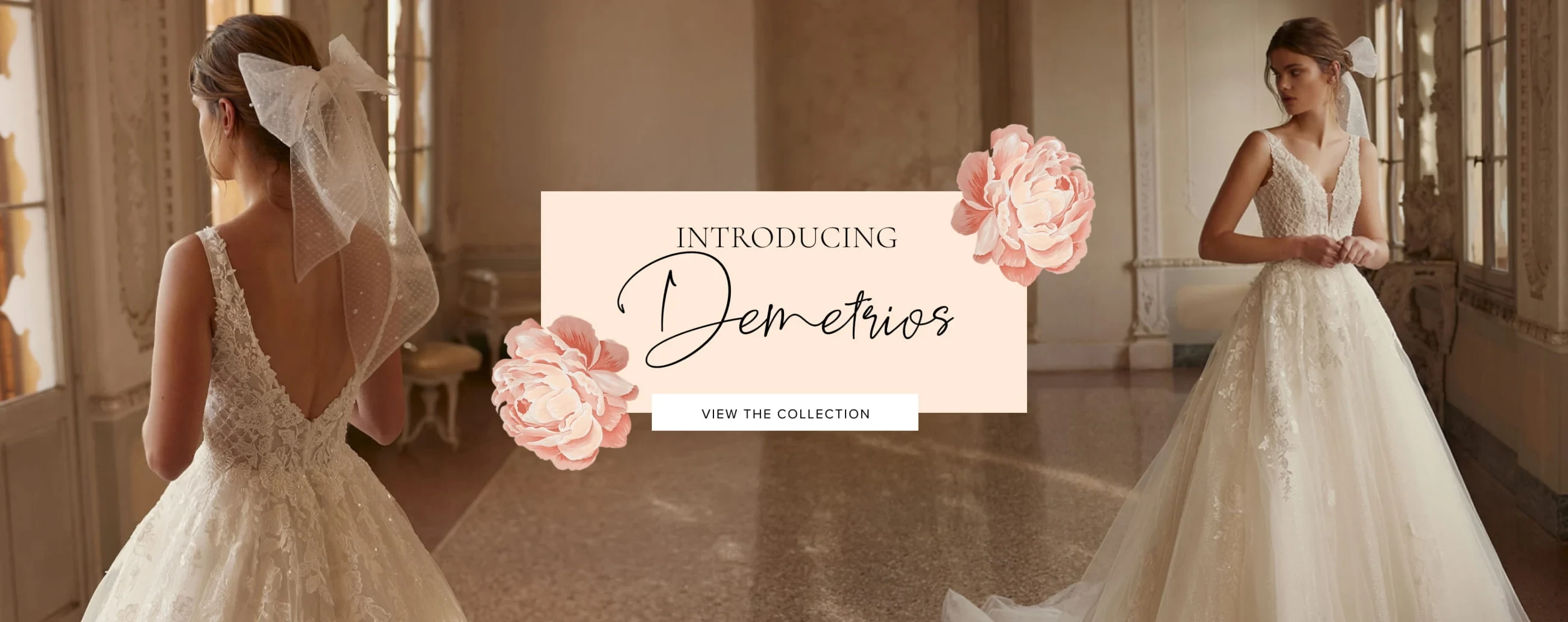 Model wearing Demetrios bridal gown, Introducing Demetrios desktop banner