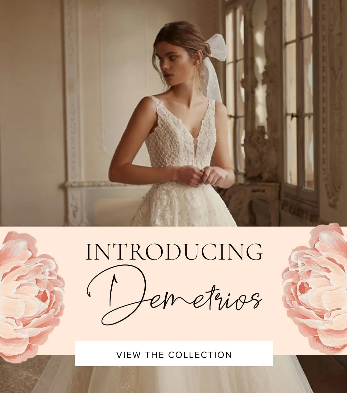 Model wearing Demetrios bridal gown, Introducing Demetrios mobile banner