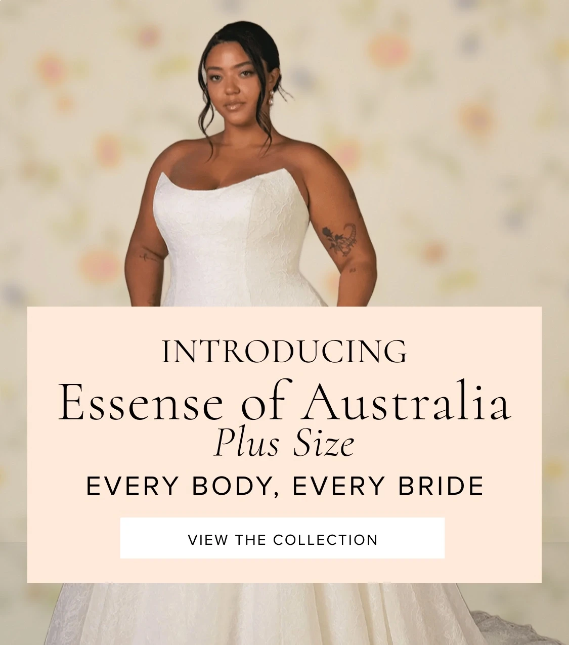 Model wearing Essense of Australia Plus size wedding dress, mobile banner