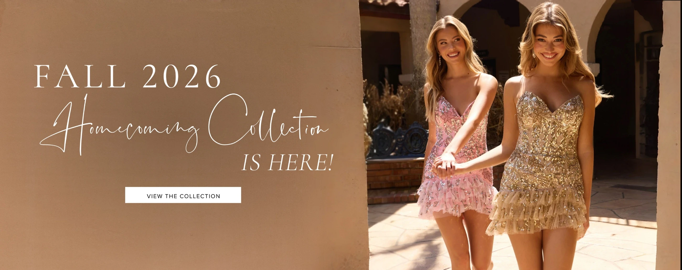 Models wearing Primavera homecoming dresses, fall 2026 desktop banner