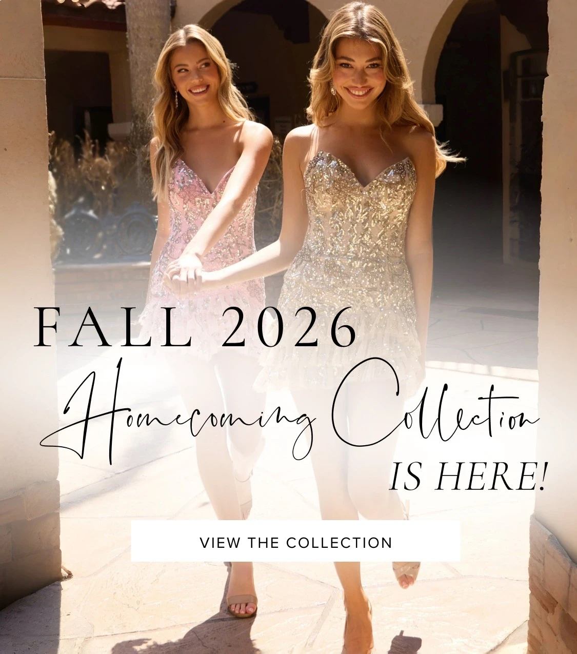 Models wearing Primavera homecoming dresses, fall 2026 mobile banner