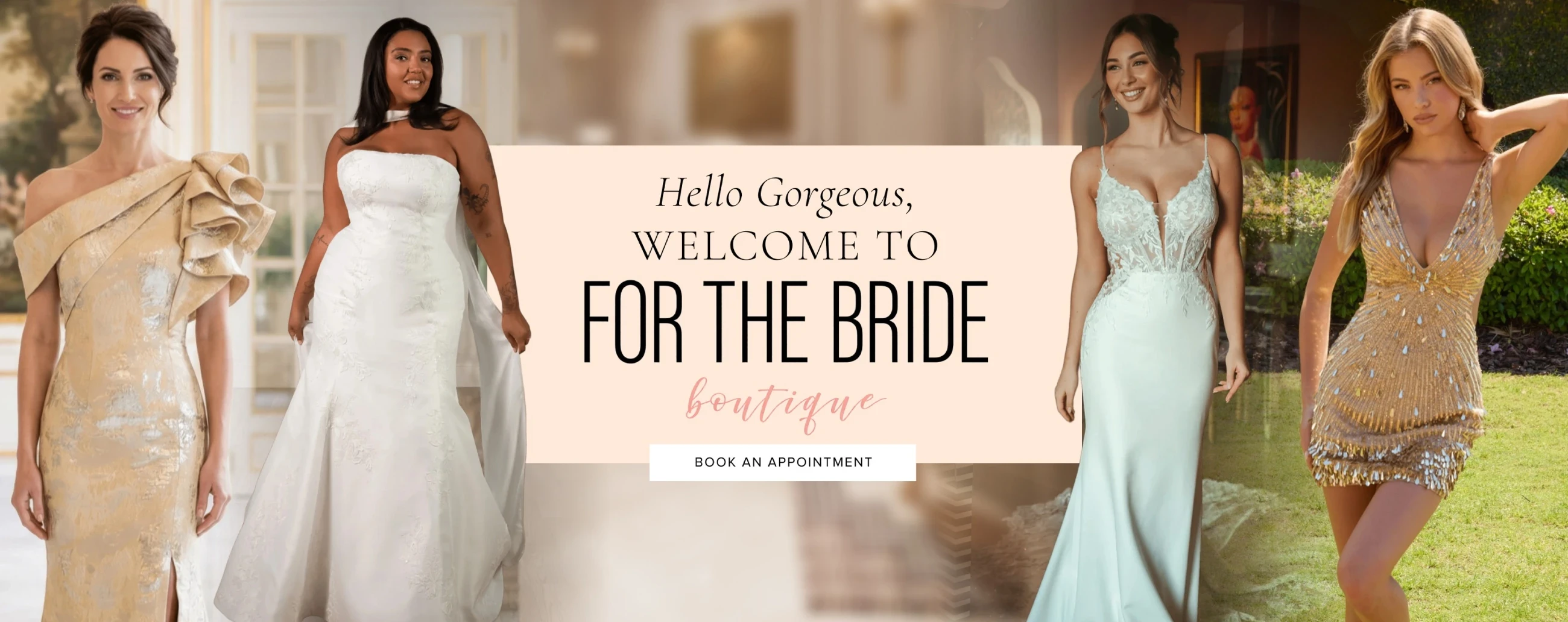 Models wearing bridal, mothers, homecoming dresses, desktop banner