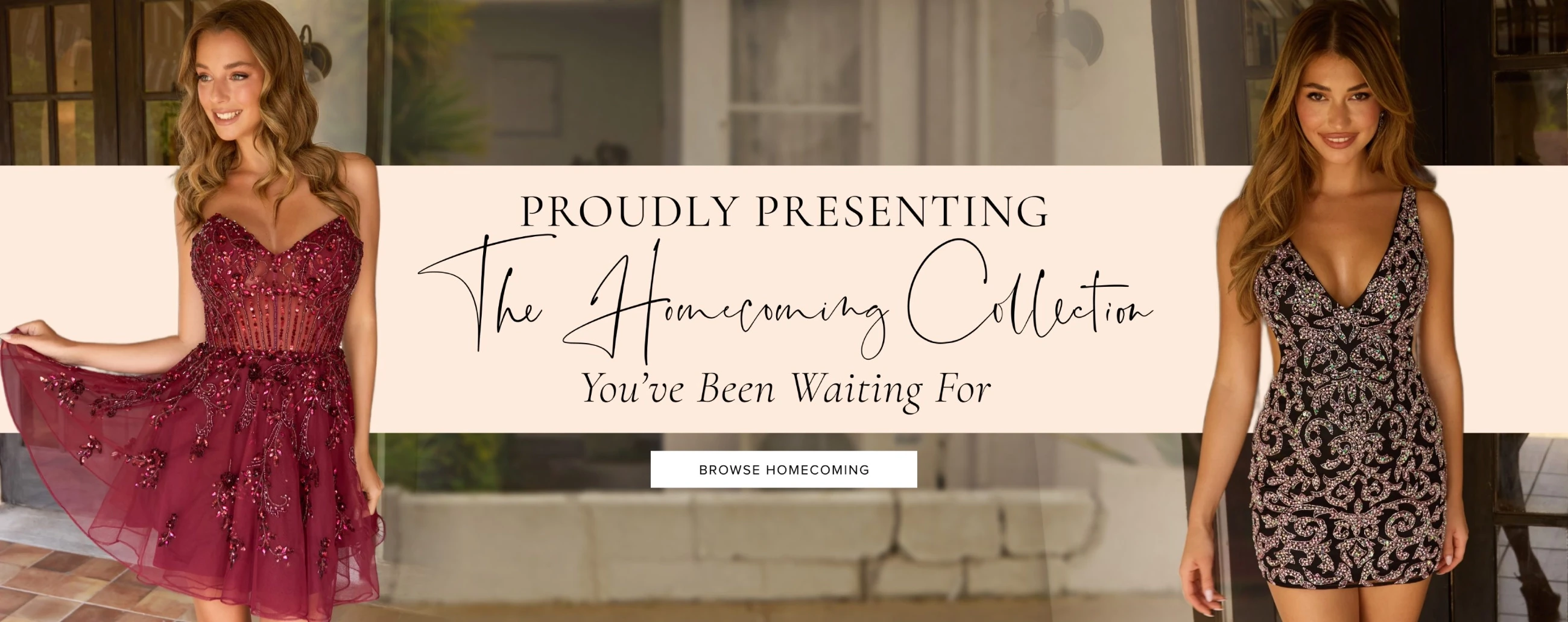 Models wearing Homecoming dresses, desktop banner