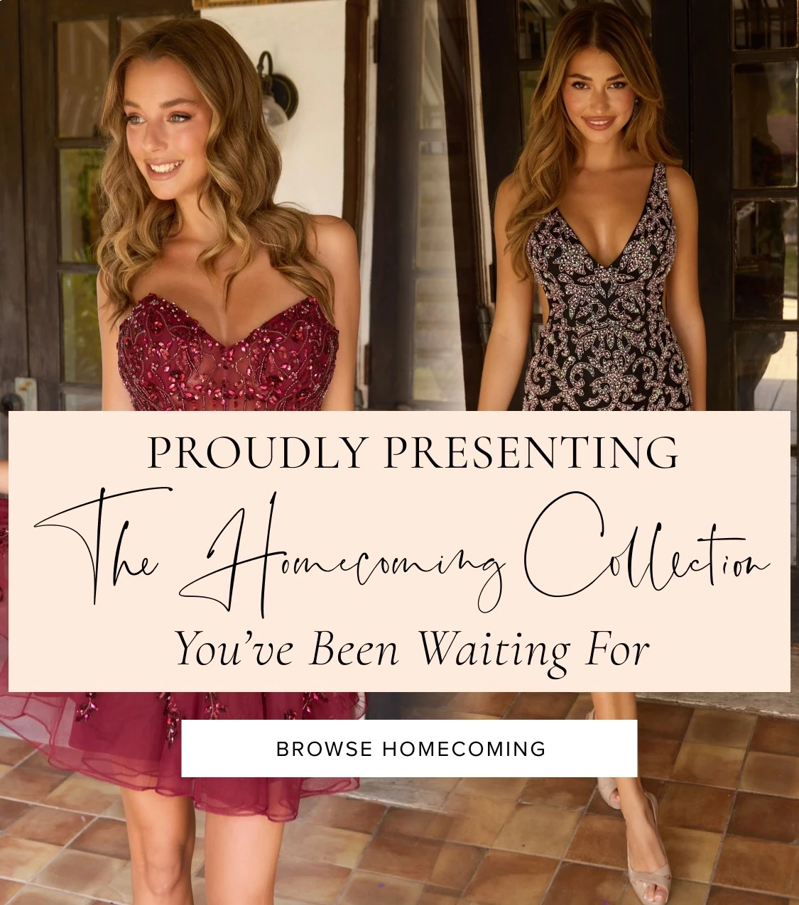 Models wearing Homecoming dresses, mobile banner